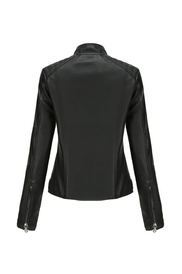 Chaqueta de mujer de PU ajustada en la parte delantera con cremallera negra
